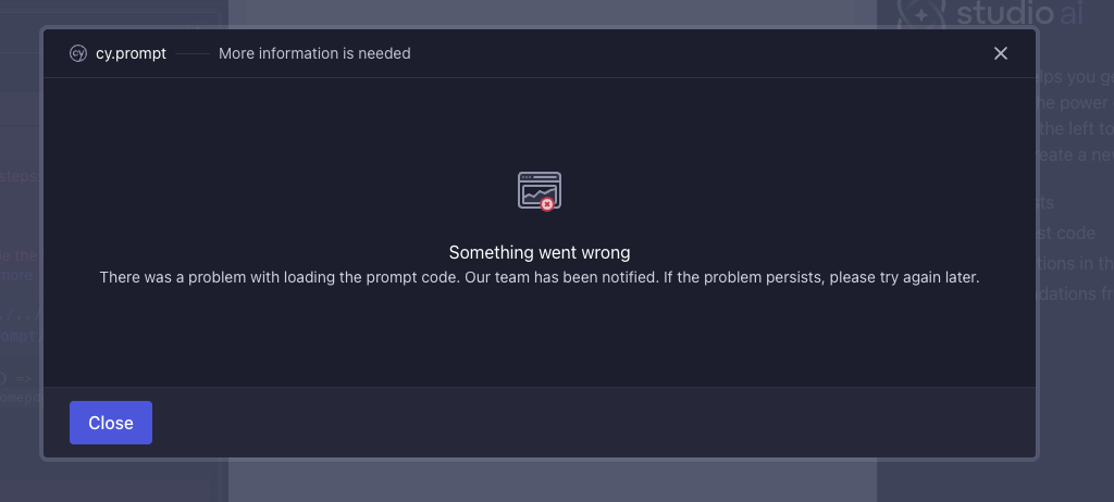 Cypress open mode showing full screen error modal.