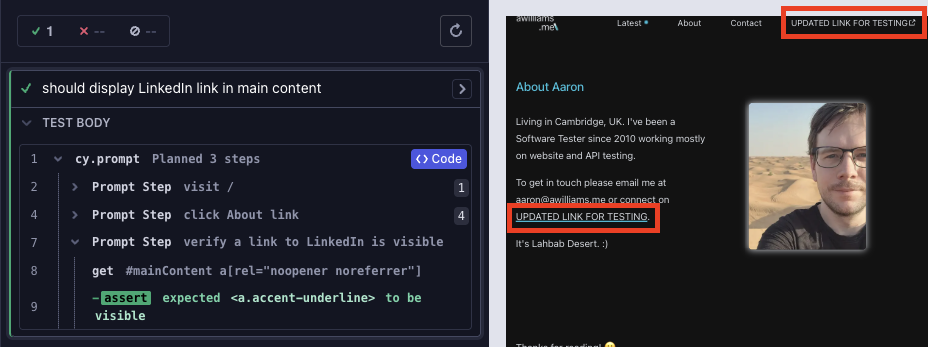 Cypress open mode showing AI prompt incorrectly generated selector using rel attribute.