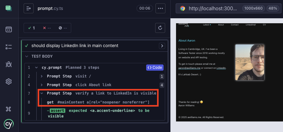 A picture of Cypress open mode highlighting a poorly AI generated selector using rel attribute.